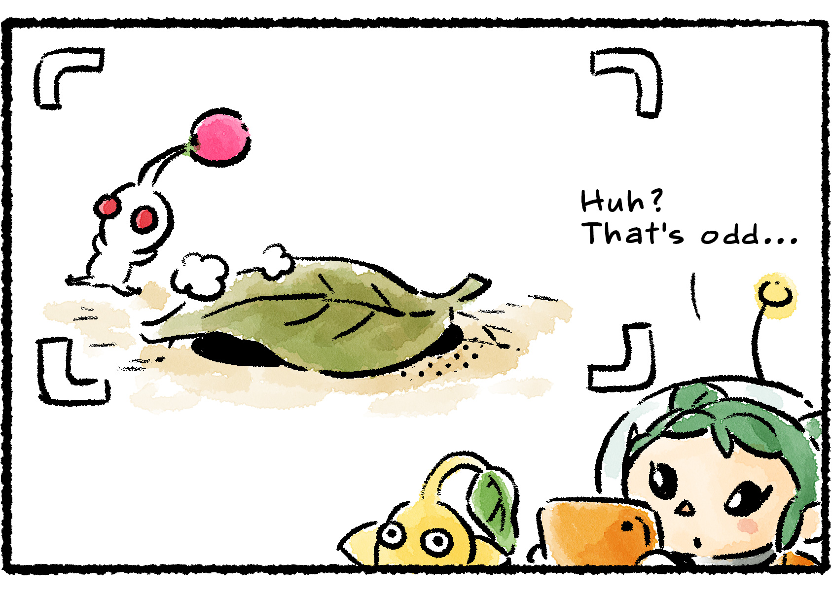 Panel three. Nothing happens. The White Pikmin gets up and walks away. "Huh?" Molly says. "That's odd…"