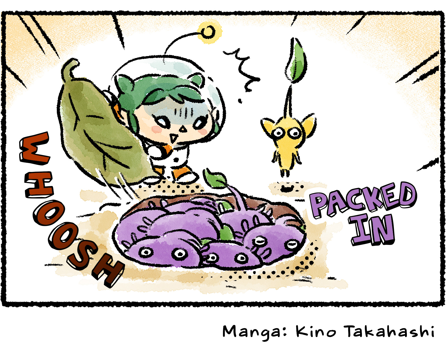 Panel four. Molly pulls back the leaf and discovers that the pitfall is completely packed with Purple Pikmin.