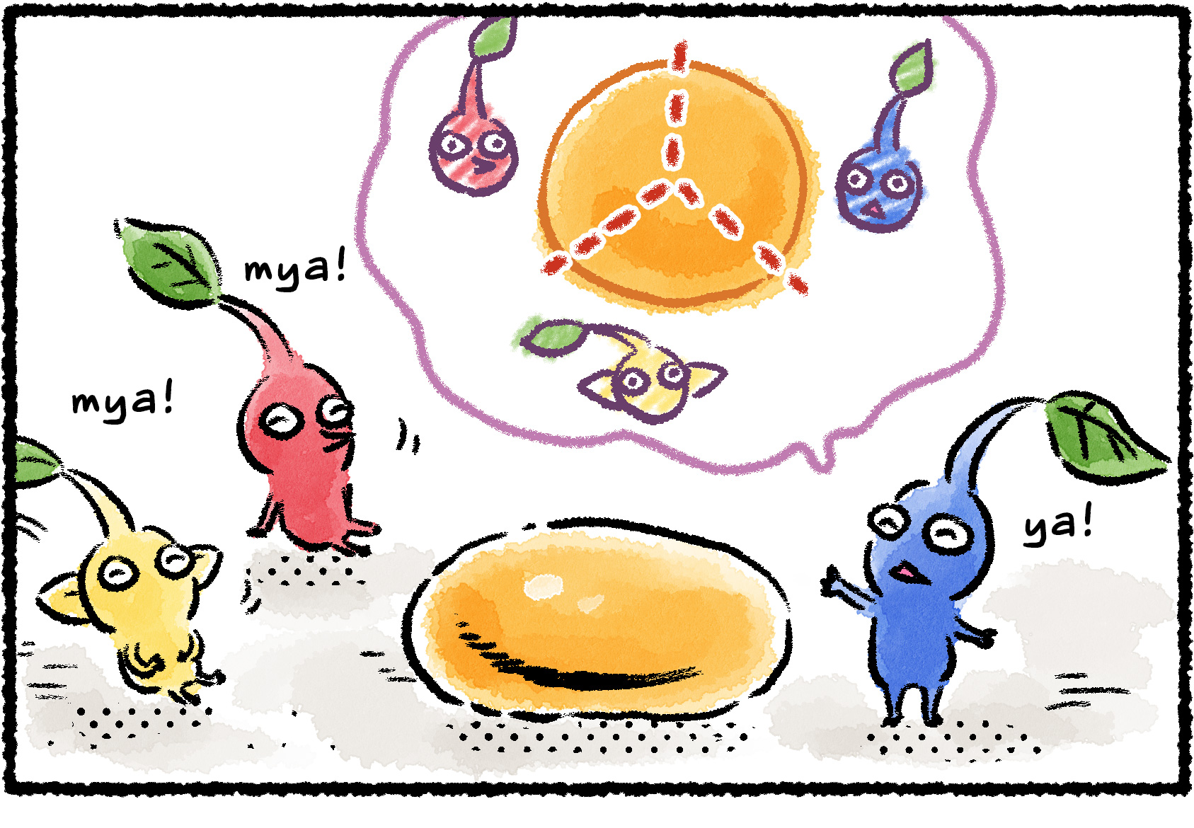 Panel one. A Red, Blue, and Yellow Pikmin come across a drop of nectar. Speech bubbles between them reveal their plan to divide the nectar equally.