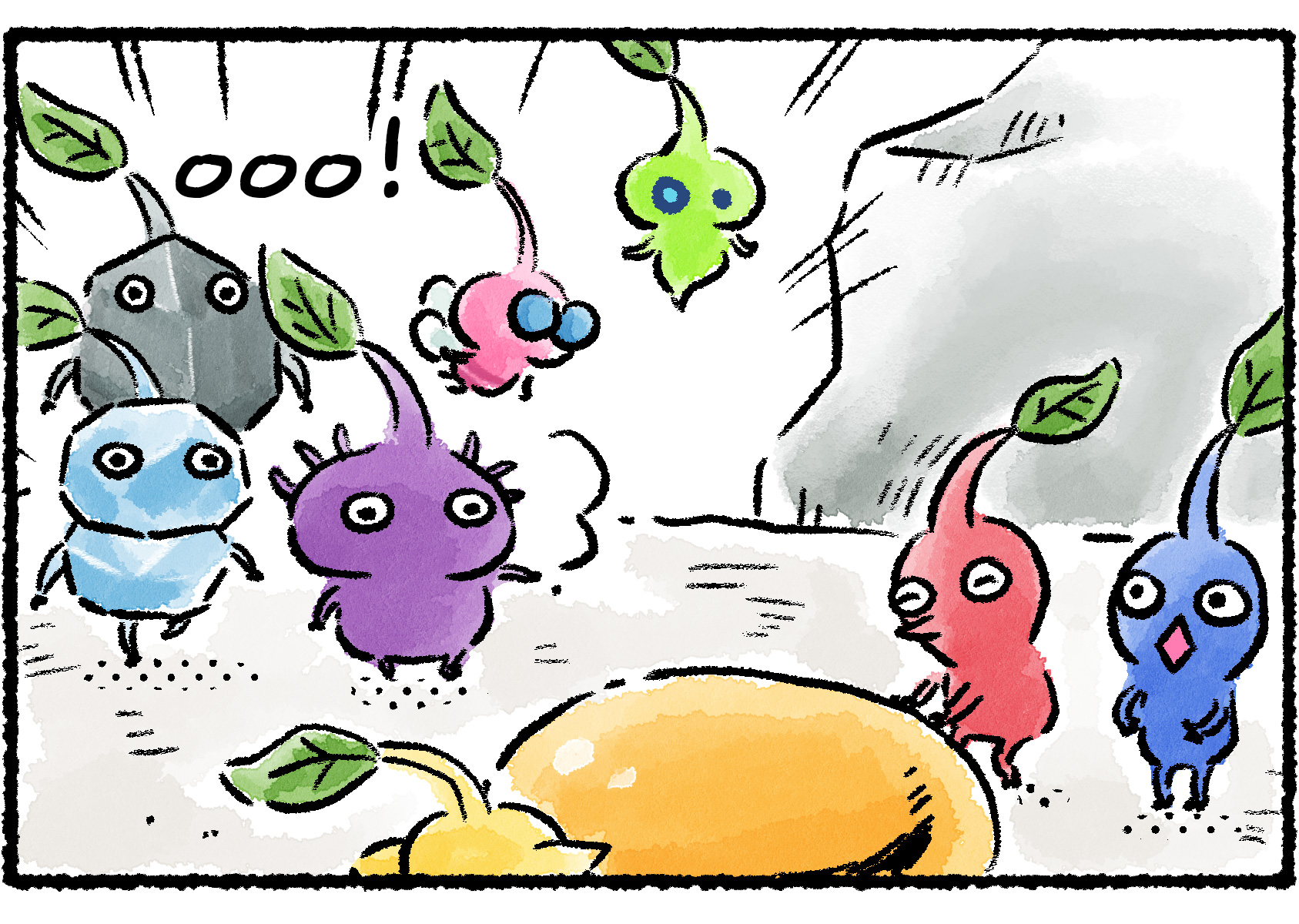 Panel two. A Glow Pikmin, Winged Pikmin, Purple Pikmin, Rock Pikmin, and Ice Pikmin find them as they are planning to slurp up the nectar.