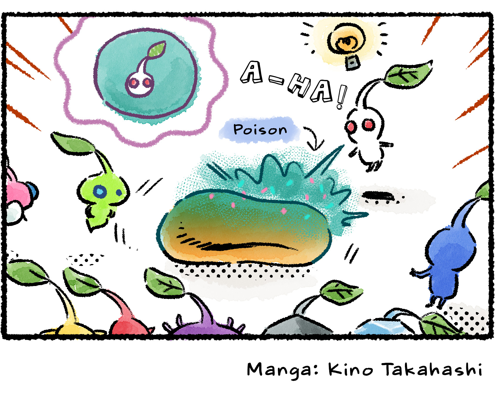 Panel four. A White Pikmin comes along and spits poison all over the nectar. Its speech bubble shows that it intends to claim all the nectar for itself now.