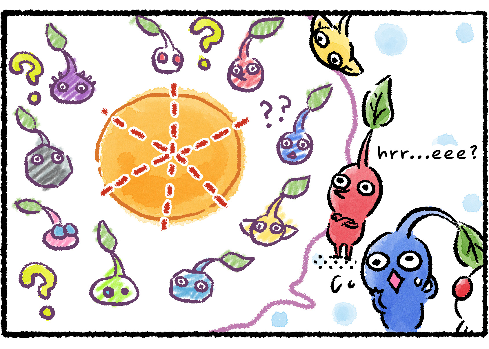 Panel three. The Pikmin struggle to figure out how to divide the nectar among this many Pikmin. Their shared speech bubble is filled with a confusing pie chart surrounded by question marks.