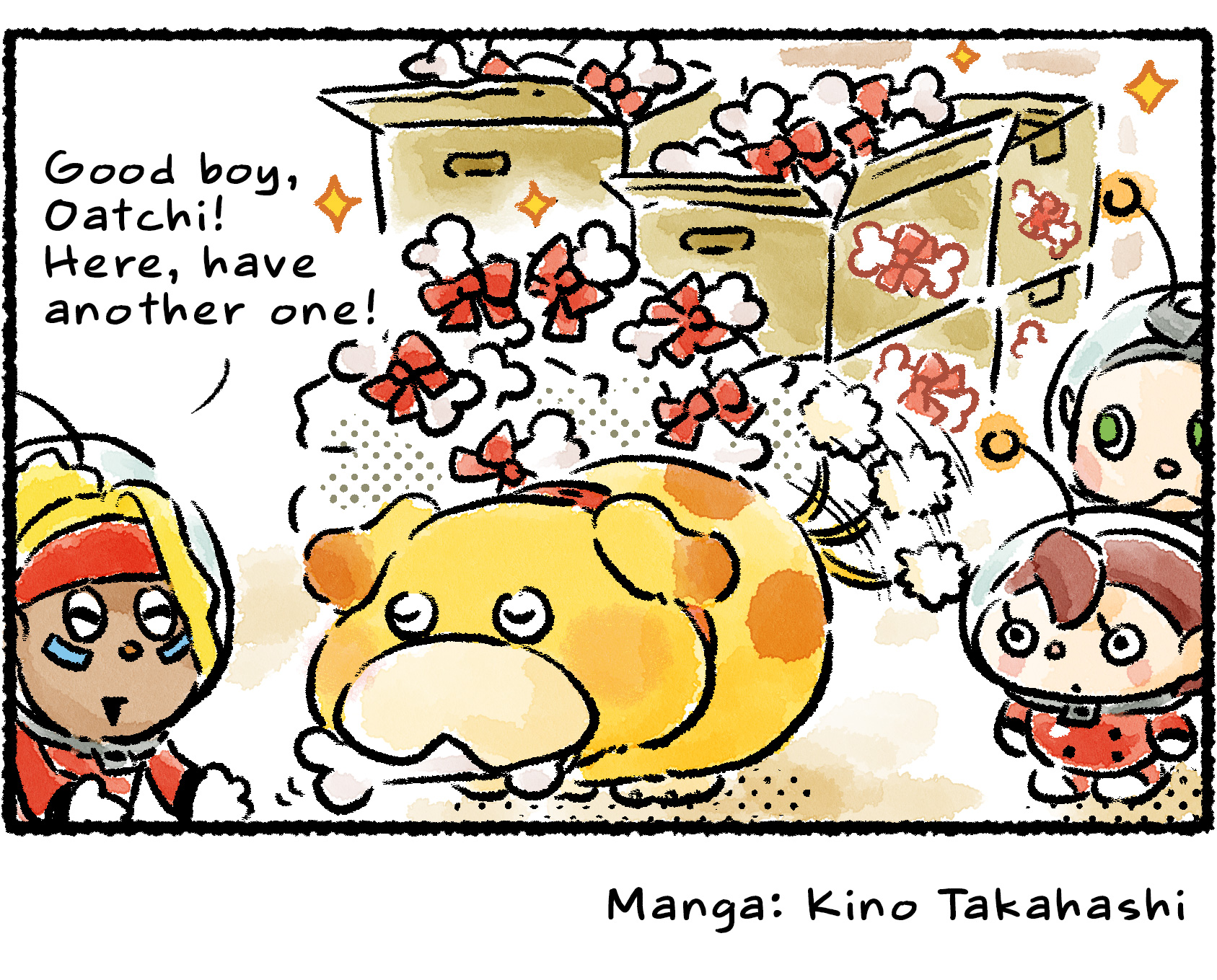 Panel four. "Good boy, Oatchi!" Shepherd says. "Here, have another one!" She tosses Oatchi a Scrummy Bone from out of a pile much more massive than the one Chowder was offering.