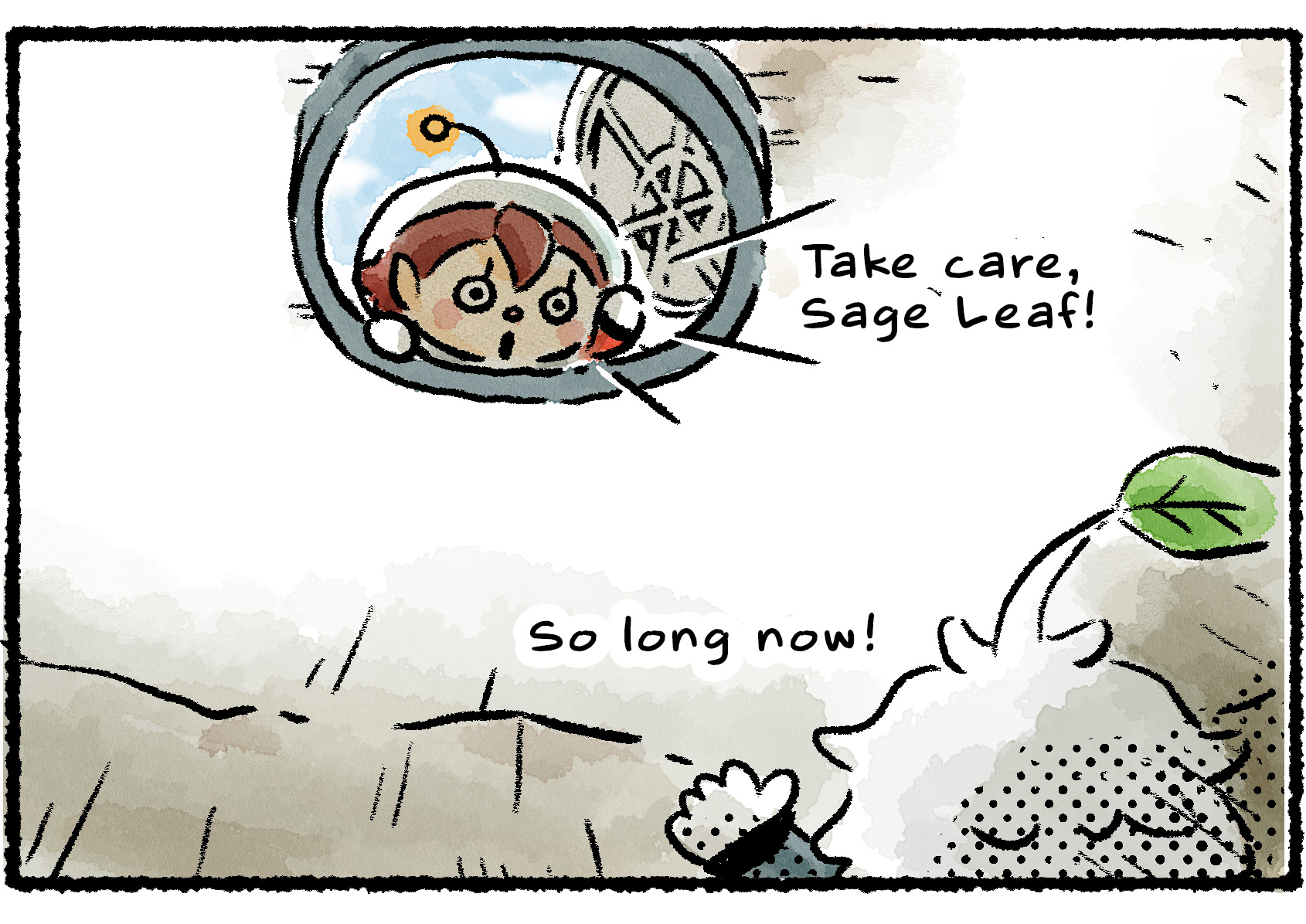 Panel two. The Rescue Officer looks down into a cave through the opening at the top. "Take care, Sage Leaf!" she says. The Sage Leaf waves and replies, "So long now!"