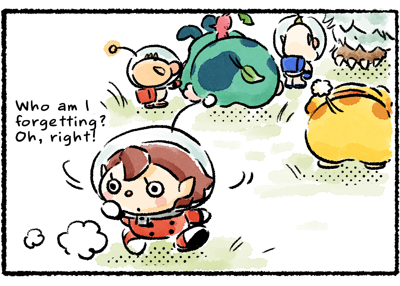 Panel three. The Rescue Officer is about to leave with Olimar, Moss, Oatchi, and Louie, when she turns around suddenly. "Who am I forgetting?" she says. "Oh, right!"