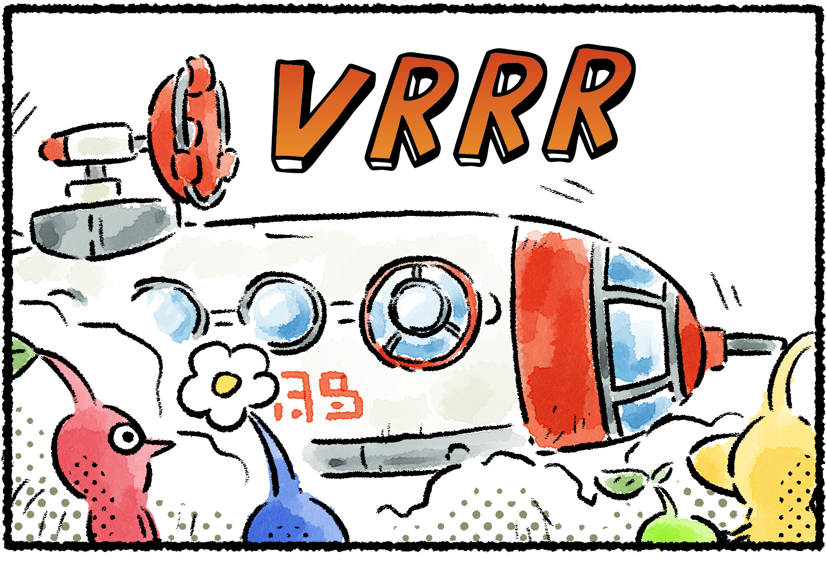 Panel one. The Pikmin watch as the S.S. Shepherd rattles, the engines seeming to start.