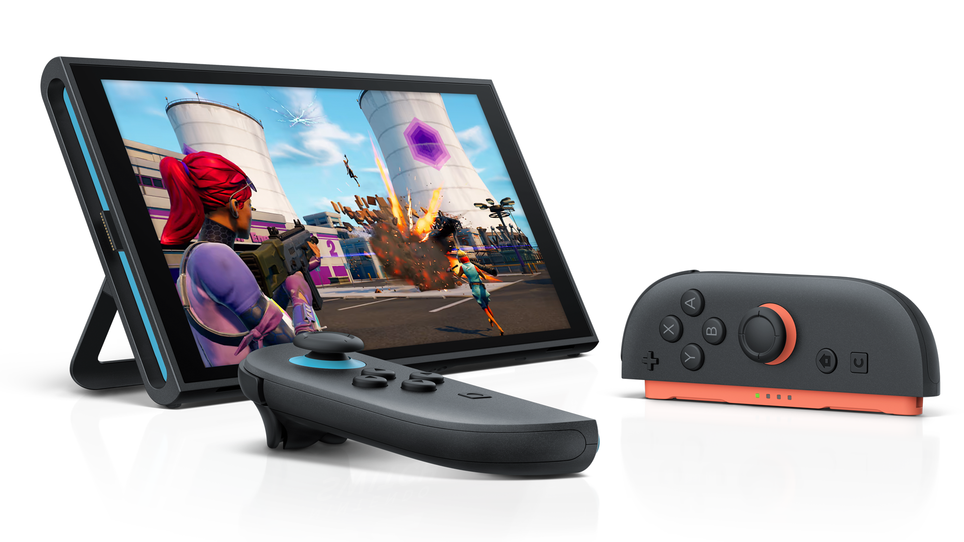 Fortnite gameplay running on a Nintendo Switch 2 console in tabletop mode