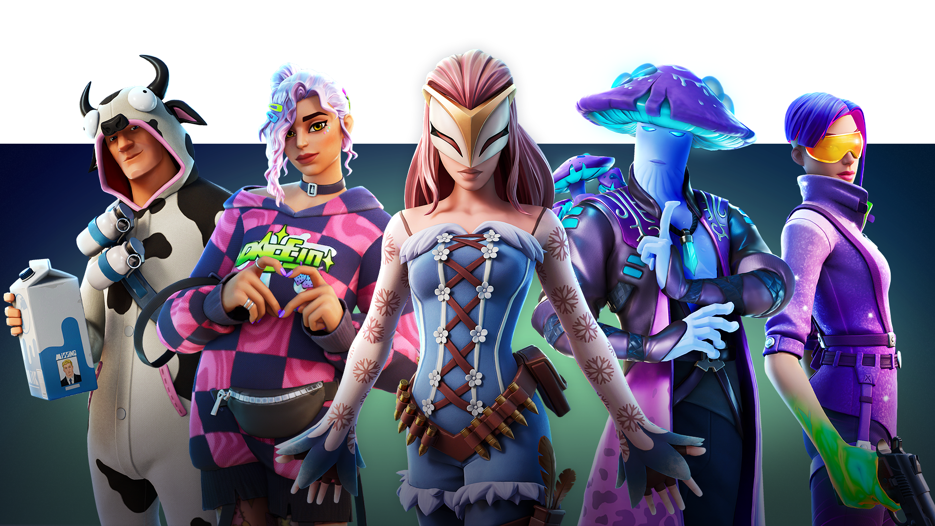 Fortnite outfits including a tiger-mask skin and a character wearing headphones