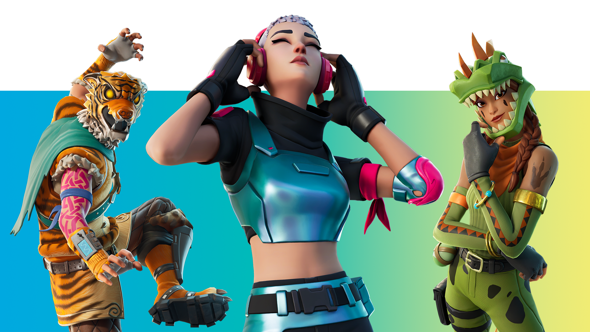 Fortnite character outfits including a pickaxe-wielding melee skin and a ninja with spears