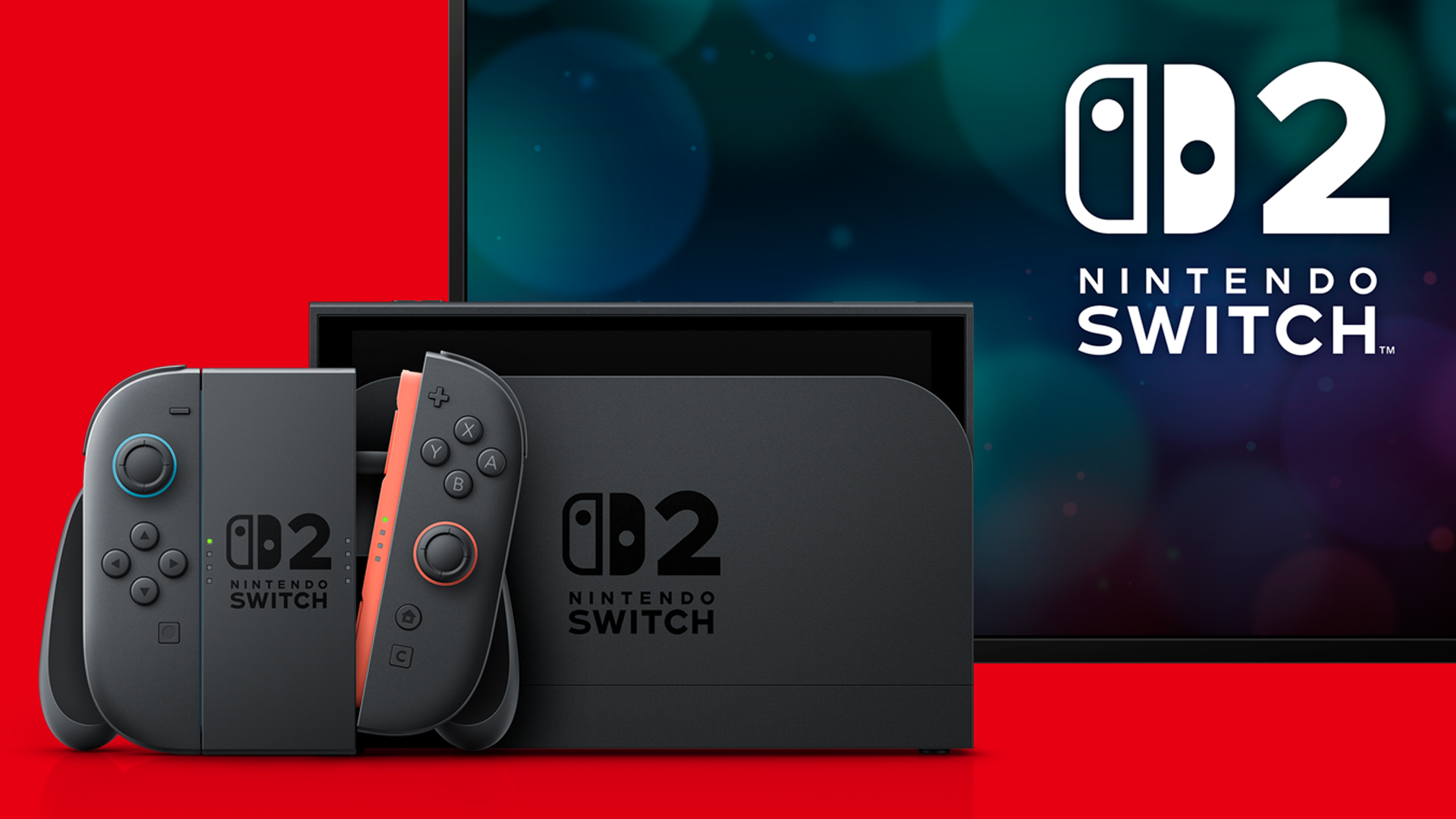 Nintendo Switch 2 console docked to a TV with Joy-Con 2 controllers attached, official Nintendo product image