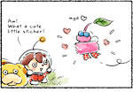 Panel one. A Winged Pikmin carrying a pink sticker flutters by Oatchi and a Rescue Officer. "Aw!" the Rescue Officer says. "What a cute little sticker!"