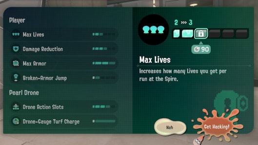 Menu of hacking options for the player and Pearl Drone, including increases to Max Lives, Damage Reduction, Drone Action Slots, and more.