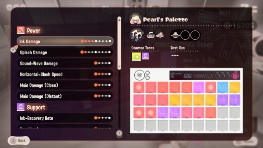 Pearl's Palette: Shows equipped color chips and their effects, including Power and Support. 
