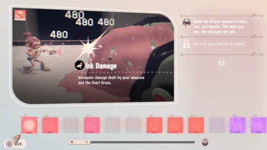 Empty and occupied color chip slots line the bottom of a menu screen. An Ink Damage color chip is selected, reading “Increased damage dealt by your weapons and the Pearl Drone.” To the side, locked content reads “Set 3 in your Palette to unlock.”