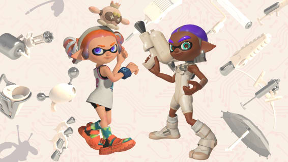 Two Inklings wear select in-game gear themed after Side Order, including Agent 8’s full outfit and a headband featuring a plush Pearl Drone. A collage of pale weapons surrounds them.