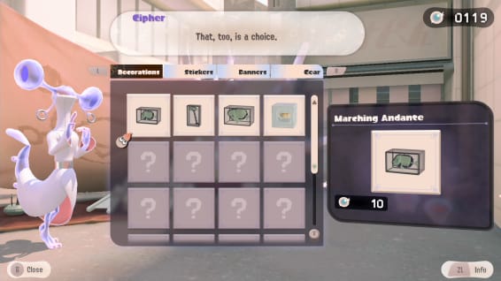 Cipher, a slim and elongated white creature with large blue eyes, shows off items for sale. Categories shown include decorations, stickers, banners, and gear.