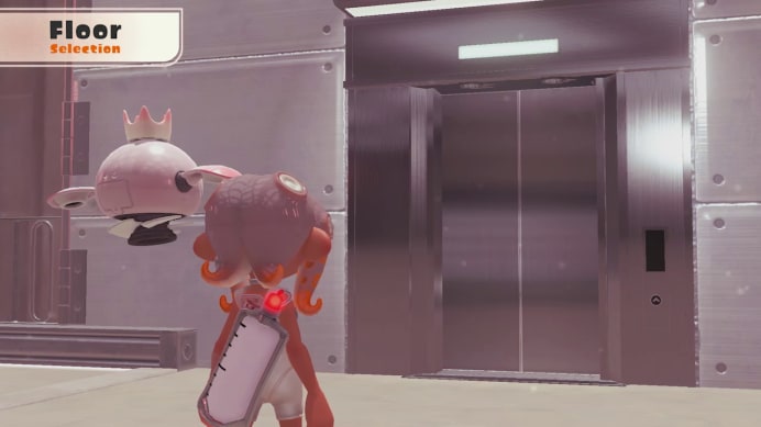 Agent 8 and the Pearl Drone wait in front of a steel elevator door.