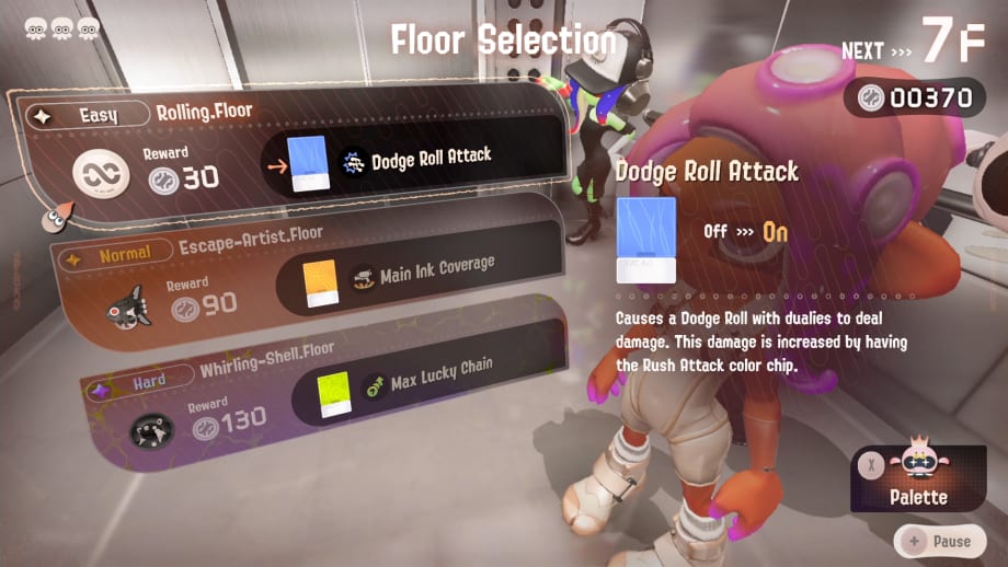 Floor selection: In the elevator, the player has three options, Easy, Normal, and Hard, each with their own challenge. Rewards include color chips and currency.